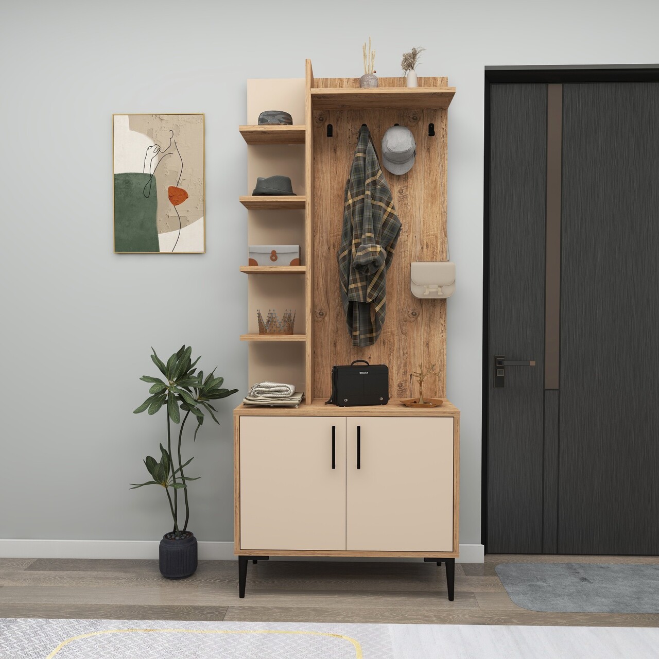 Cuier de perete, Hanah Home, Julendor, 74.4x182.8x33 cm, Pin Atlantic / Bej - imagine 6